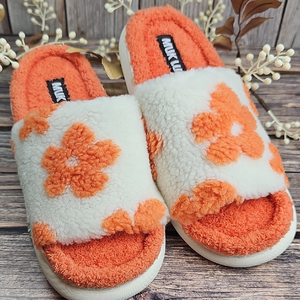 NWT MUK LUKS MARSAI ORANGE FLORAL OPEN TOE SLIP-ON SLIPPERS